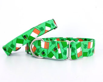 Green St Patricks Day Martingale Dog Collar Irish Flag Shamrock Irish Leprechaun Hat size XS - XL 1" 1.5" and 2 inch wide