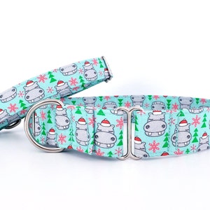 Martingale Christmas Holiday Dog Collar Hippos Hippo with Santa Hats on Mint size XS - XL 1&quot; 1.5&quot; and 2 inch width