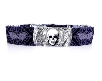 Halloween Dog Collar Skulls and Bats - Gothic Pet Collar - Adjustable, Premium Cotton - Washable
