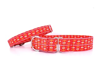 Martingale Collar with Anchors and Doggie Bones red, personalized dog collar