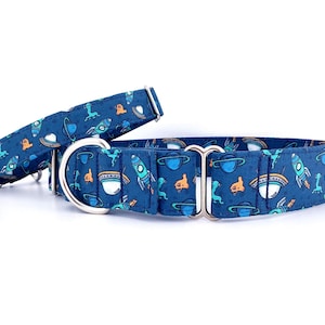 Space Aliens Martingale Hundehalsband: Rocket & UFO Print, Größen verstellbar
