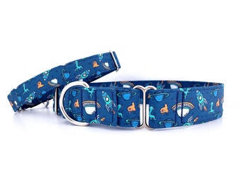 Martingale Dog Collar Space Aliens Rocket Spaceships and UFO UaP Size XS-XL- Adjustable 1 inch, 1.5 inch or 2" wide Dog Collar Planets