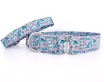 Martingale Dog Collar Scattered Cute Dinosaurs T Rex Turquoise Mint on Gray - Size XS-XL- Adjustable - 3/4",  1 inch, 1.5 inch or 2" width