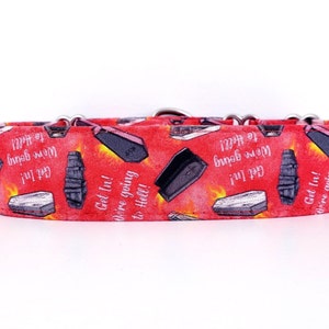 Halloween Martingale Dog Collar: Get In We Are Going To Hell, Burning Caskets