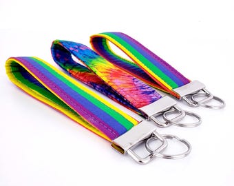 Handmade Wristlet Keychain,  Rainbow Stripes, Rainbow Tie Dye, Pride Month gift