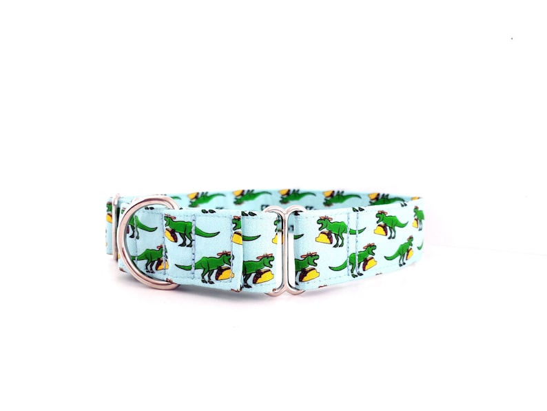 Martingale Collar Dinosaurs T-Rex Eating Tacos YUP Size XS-XL Adjustable 3/4, 1, 1.5 inch or 2 inch width dinosaur taco dino dog collar image 1