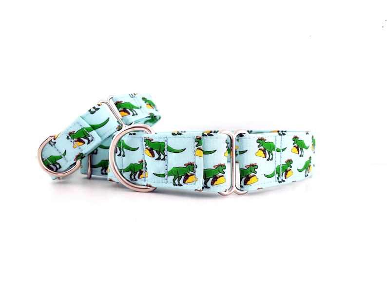 Martingale Collar Dinosaurs T-Rex Eating Tacos YUP Size XS-XL Adjustable 3/4, 1, 1.5 inch or 2 inch width dinosaur taco dino dog collar image 2