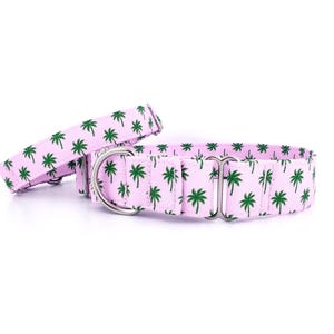 Martingale Dog Collar Palm Trees Pink, adjustable size XS-XL, 3/4", 1", 1.5" and 2" wide, Pink Palm Tree Collar, Tropical Beach Dog Collar