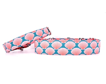 Martingale Collar Seashells Pink on Blue Teal, Scallops, handmade, adjustable sizes