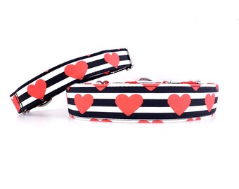 Martingale Dog Collar Valentines Red Hearts on Black Stripes size XS-XL Adjustable 1", 1.5" and 2 inch wide Valentine's Day Collar Hearts