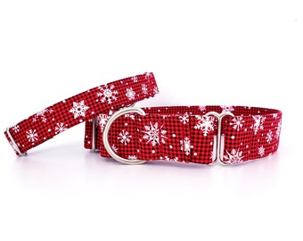 Christmas Martingale Dog Collar Snowflakes on Tiny Gingham Red and Black Cozy Farmhouse Holidays size XS - XL, 1" 1.5" and 2 inch wide