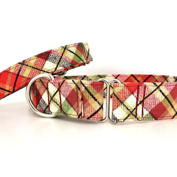 Christmas Tartan Plaid Martingale Dog Collar Sparkling Gold, Red and Green size XS - XL 3/4", 1" 1.5" and 2 inch width Holiday Dog Collar