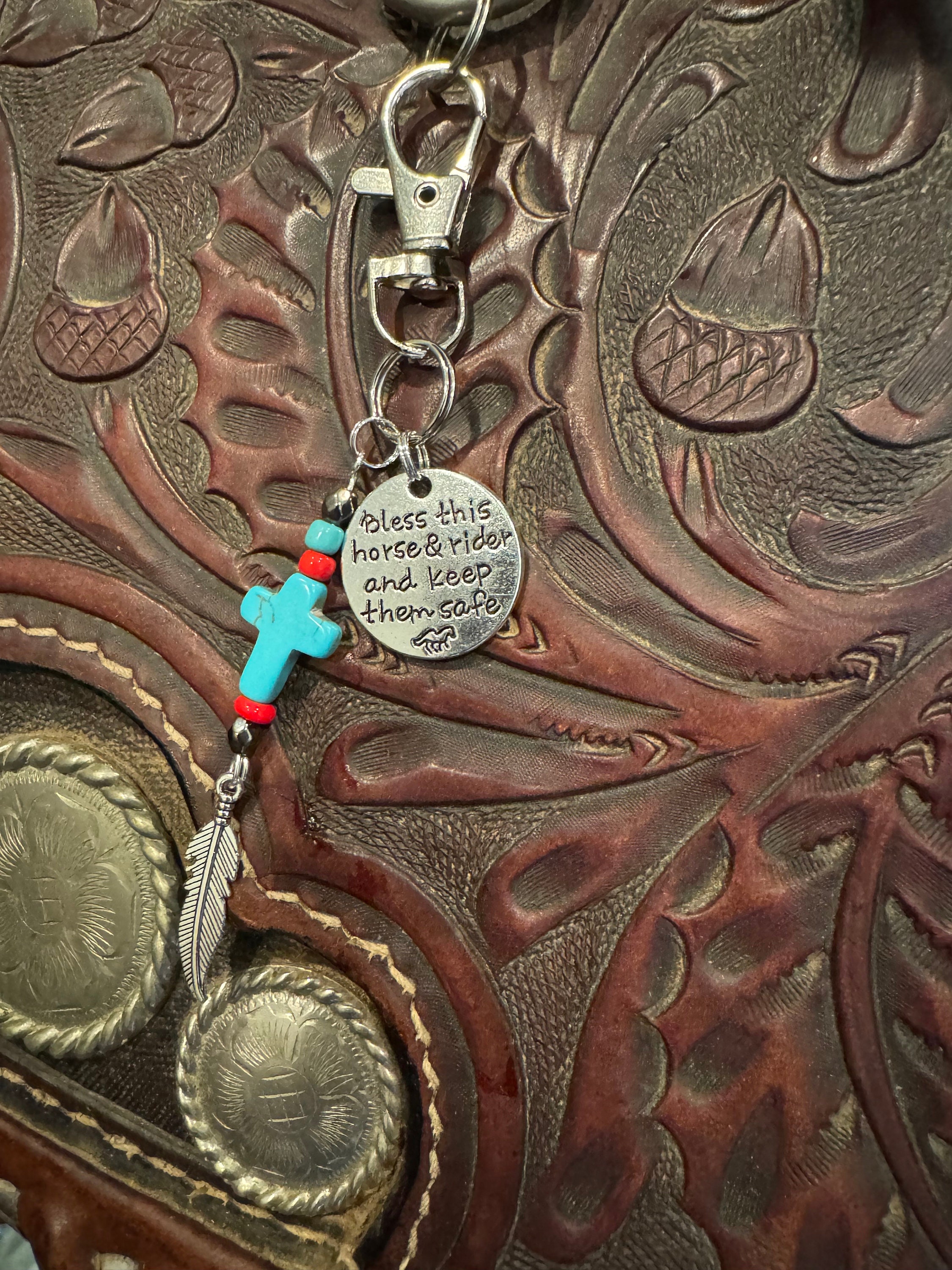 Saddle And Bridle Charm Clip, Horse Saddle And Bridle Charm Clip Leather Saddle Strings With Clip, Bless This Horse & Rider And Keep Them Safe Bridle Charm, Saddle Charm Gifts For A Horse Rider (A