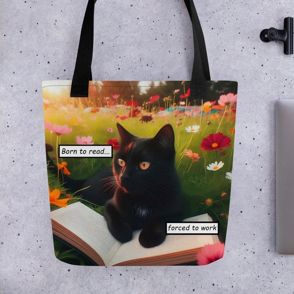 Born To Read Gato Negro Bolsa de tela, regalo para amante de los gatos, amantes de los libros
