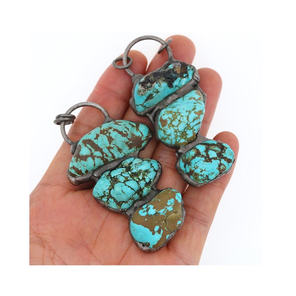 Bohemia Antique Copper Soldered Coarse Long Natural Turquoise Charms, VintageThree Stone Necklace Pendant For Jewelry Necklace Making