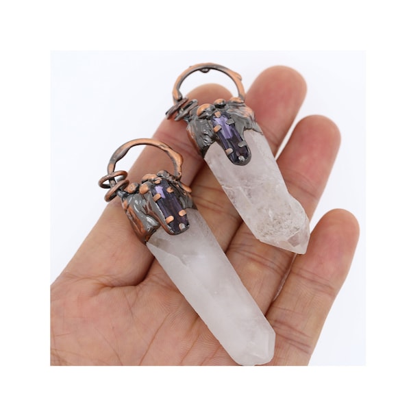 Raw Clear Crystal Quartz Terminated Point Pendant,Amethyst Paved Antique Copper Big Hoop Soldered Rock Crystal Quartz Pillar Point Pendants