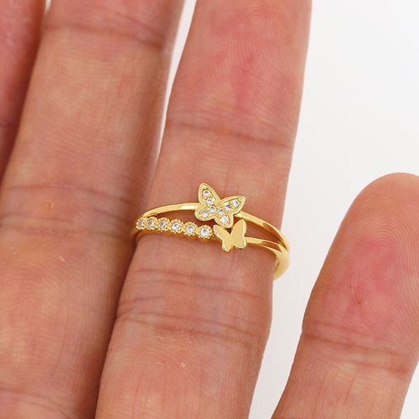 Butterfly Rings,CZ One Pair Butterfly Rings,18K Gold Filled Micropavé CZ Butterfly Wing Rings,Simple Luxury Adjustable Open Butterfly Rings