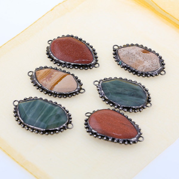 Antique Copper Solder Natural Fluorite Picture Stone Golden Sand Semi Precious Stone Double Buckle Pendant Charms,  Necklace Bracelet Making