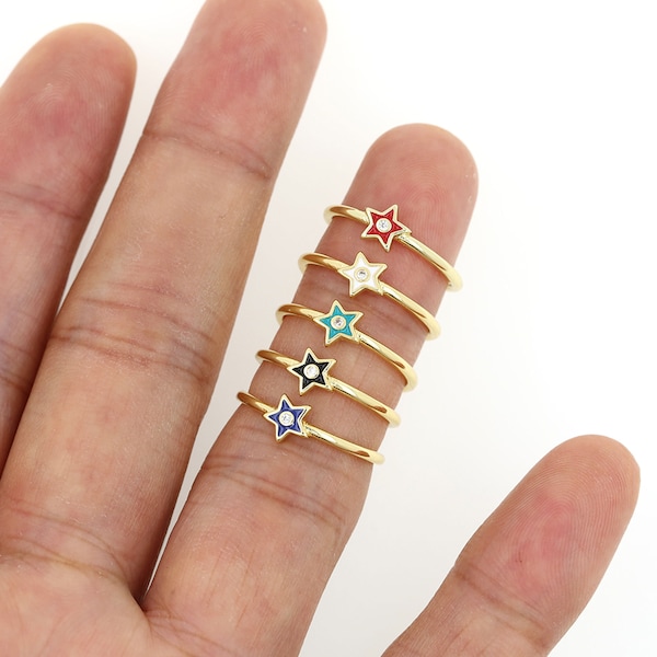 Enamel Star Ring,Enamel Pentagram Ring,Micropavé CZ Daily Ring,18K Gold Filled Minimalist Thin Ring, Adjustable Star Ring, Daily Open Ring