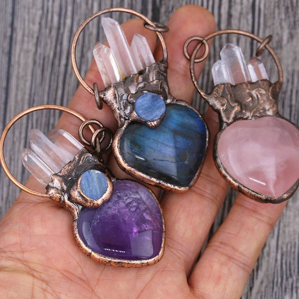 Heart Shape Flash Labradorite Stone Amethyst Rose Crystal Pendants,Antique Copper Soldered Copper Hoop Aquamarine Beads Embellish Pendants