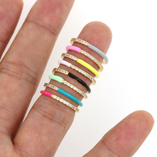 Rainbow Enamel Ring,Enamel CZ Ring,MicroPave CZ Daily Ring,18K Gold Filled Minimalist Thin Ring, Adjustable Ring, Daily Ring, Gold Open Ring