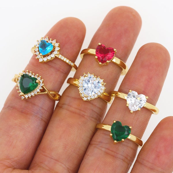 Rainbow CZ Love Heart-shaped Rings,18K Gold Filled Micropavé CZ Heart-shaped Rings,Simplicity Open Adjustable Luxury Rainbow CZ Rings