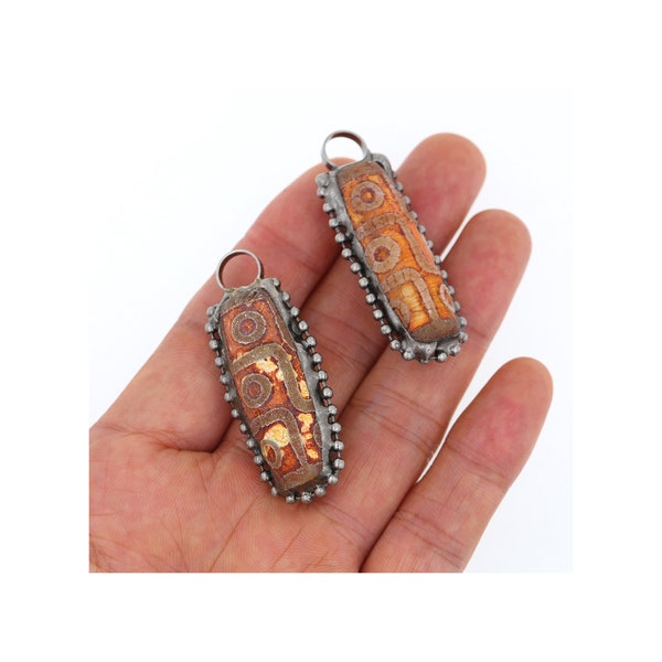 Bohemia Antique Copper Soldered Natural Agate Dzi Beads Charms, Vintage Religion Agate Dzi Beads Necklace Pendant For Jewelry Making