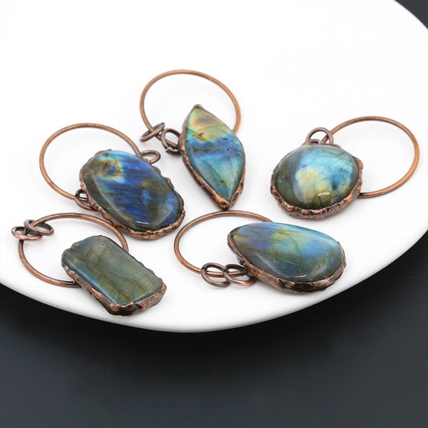 Antique Copper Soldered Flash Labradorite Stone Vintage Pendant,With Copper Hoop Droplet Marquise Circle Rectangle Oval Labradorite Pendant