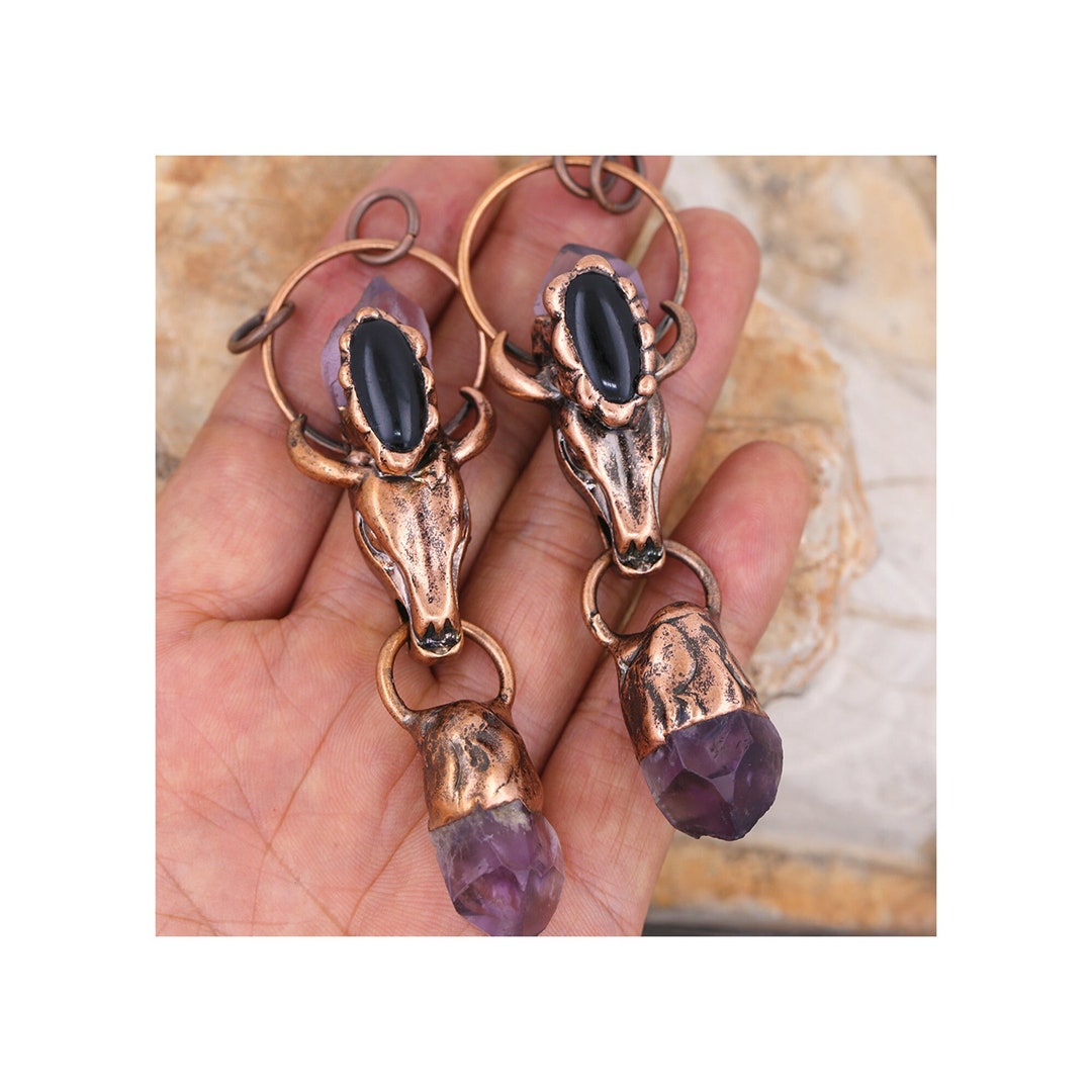 Amethyst Soldered Antique Bronze Pendant, Long Quartz Pendant,taurine
