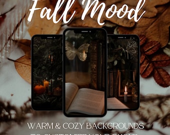 May include: Three phone screen backgrounds with a fall theme. The first background features a pumpkin, candles, and greenery. The second background features a book, a butterfly, and a stack of books. The third background features a candle, a skull, and greenery.