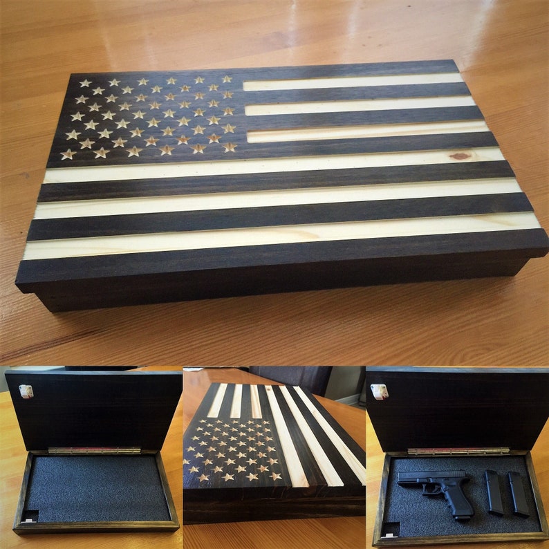 Wood Subdued Stained Carved American Flag Concealment Gun Case