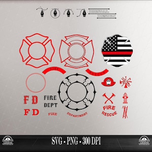 May include: A collection of red and black firefighter-themed graphics. Includes Maltese crosses, a shield with an American flag design, and various fire department-related icons and text. The words "DIGITAL DESIGN" are at the top.