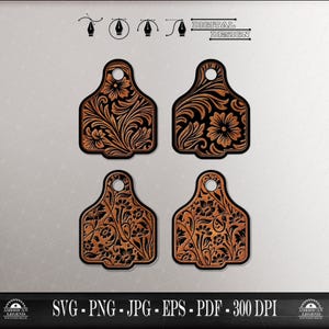 Può includere: Quattro etichette decorative con motivi floreali e bordi scuri. Le etichette presentano intricati disegni floreali in tonalità marroni e nere. L'immagine include il testo "DIGITAL DESIGN" e informazioni sul tipo di file: SVG, PNG, JPG, EPS, PDF e 300 DPI.