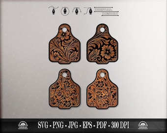 Western Cow Ear Tag Patch Designs: Tooled Floral Leather (Digital Download)