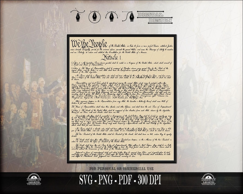 US Constitution digital file featuring "We The People" in bold, elegant typography reminiscent of early American documents. The design incorporates ornate flourishes, distressed parchment textures, and refined borders that evoke a sense of patriotic heritage. Offered as SVG, PNG, and PDF, this high-resolution vector file suits vinyl cutting, printing, and DIY crafts celebrating America’s founding ideals with modern precision and timeless style. Honoring US ideals: a digital tribute to its legacy