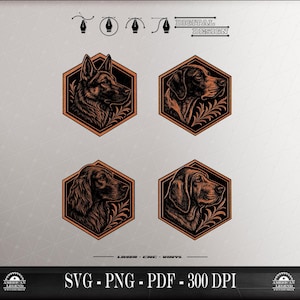 May include: Four digital design illustrations of dog heads in hexagonal frames, featuring a German Shepherd, a Pointer, and two spaniel-type breeds. Each dog is rendered in dark brown tones with leaf accents. Text includes DIGITAL DESIGN, LASER-CNC-VINYL, and SVG-PNG-PDF-300 DPI.