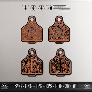May include: Four decorative tags with a cross design, featuring intricate floral patterns. The tags are in shades of brown and black, with a detailed carved appearance. The image includes the text "DIGITAL DESIGN" and file type information.