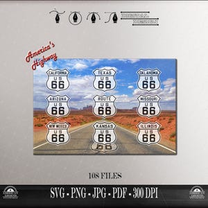 May include: A digital design graphic featuring nine US Route 66 highway signs labeled with states including California, Texas, Oklahoma, Arizona, Missouri, New Mexico, Kansas, and Illinois, overlaid on a desert road landscape with the text America's Highway.