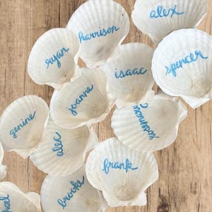 May include: A collection of white scallop shells, each featuring a name written in blue cursive script. The names include Harrison, Ryan, Alex, Spencer, Isaac, Joanne, Rosemary, Genine, Alec, Frank, Brooke, and Michael, arranged in a group.