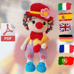 Clown Carnival Amigurumi Crochet Pattern - PDF in Italian, Spanish, English, German, French, and Portuguese.