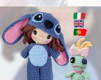 Poupée Stitch + patron xepaScrump Amigurumi en PDF en 3 langues, italien, anglais et portugais. numérique - modèle de crochet au crochet