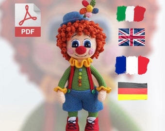 Patrón amigurumi payaso carnaval - pdf en inglés, italiano, francés y alemán, descarga digital instantánea