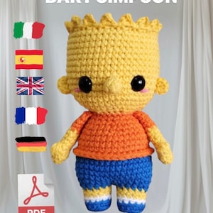 Peut inclure: Patron de crochet amigurumi pour un personnage jaune de Bart Simpson. Le patron comprend des instructions pour réaliser les cheveux, le visage, la chemise, le short et les chaussures du personnage. Le patron est disponible en format PDF.