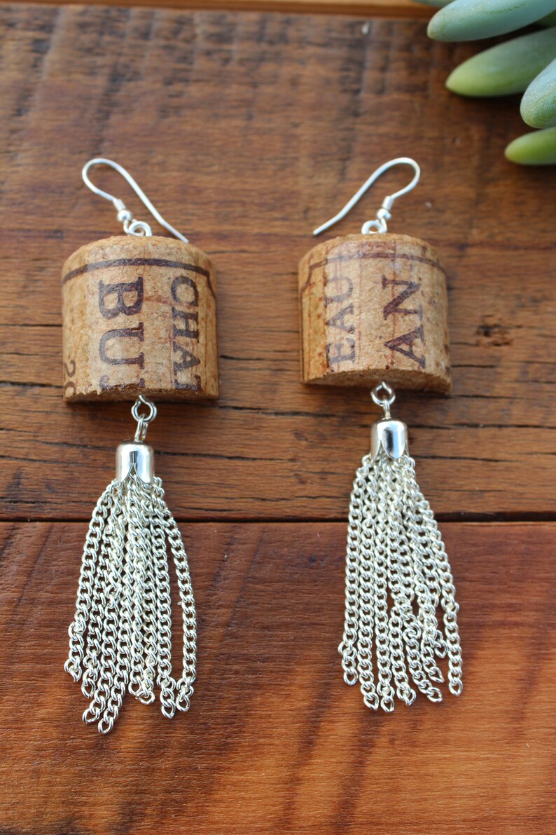 Wine Cork Earrings with Tassels The wine cork is cut in half Etsy