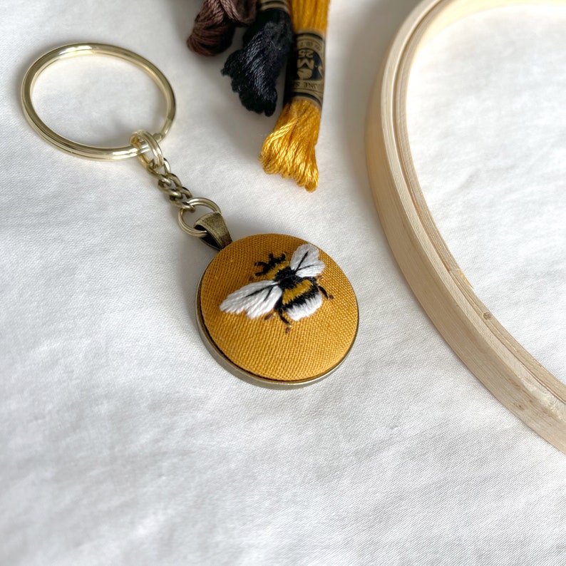 Hand Embroidered Bee Bumblebee Keychain Purse Charm Accessories
