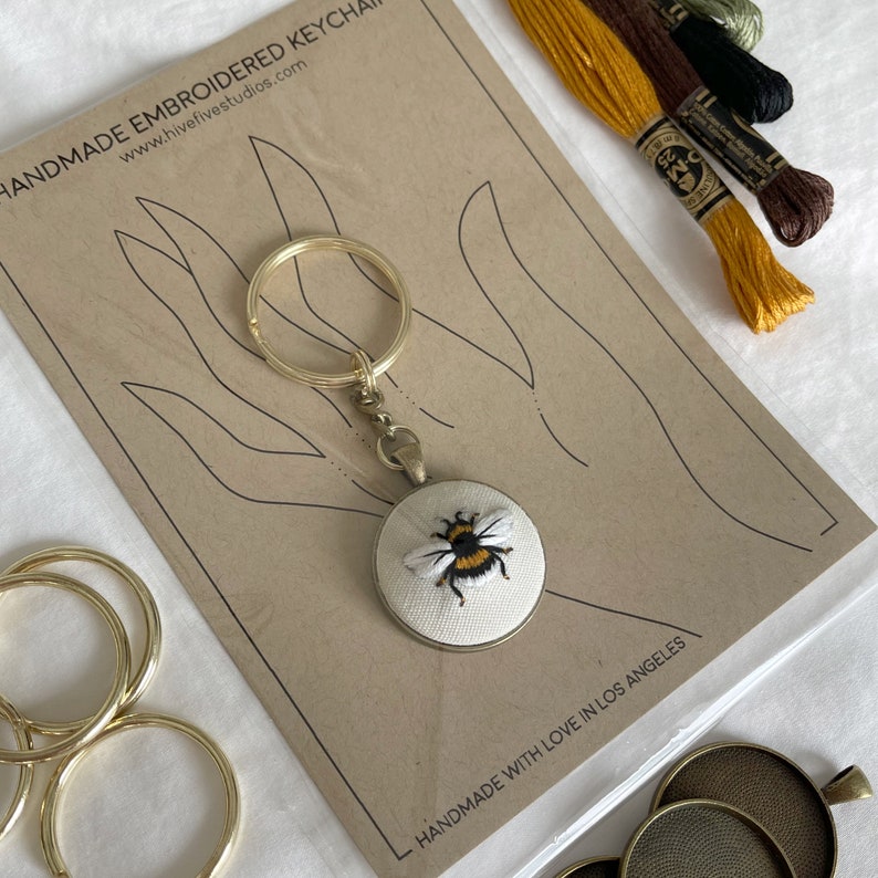Hand Embroidered Bee Bumblebee Keychain Purse Charm Accessories