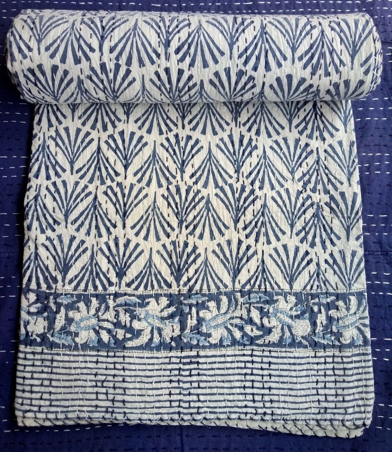 Handmade Kantha Coverlet Indian Kantha Quilt Twin Size Kantha Bedcover Hand Block Printed Kantha Bedspread Cotton Kantha Blanket