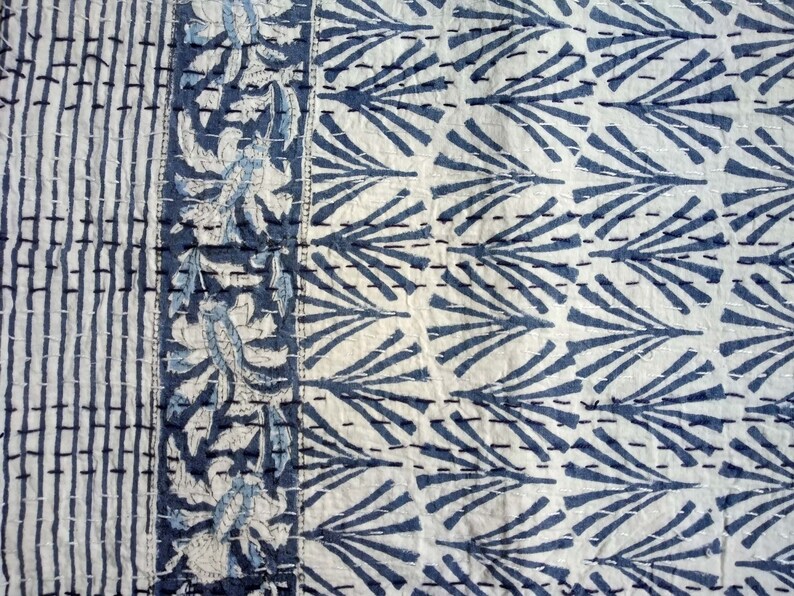 Handmade Kantha Coverlet Indian Kantha Quilt Twin Size Kantha Bedcover Hand Block Printed Kantha Bedspread Cotton Kantha Blanket