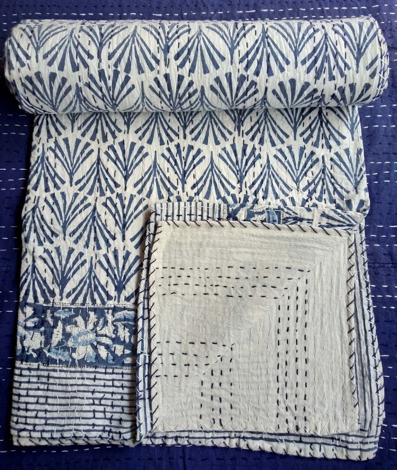 Handmade Kantha Coverlet Indian Kantha Quilt Twin Size Kantha Bedcover Hand Block Printed Kantha Bedspread Cotton Kantha Blanket