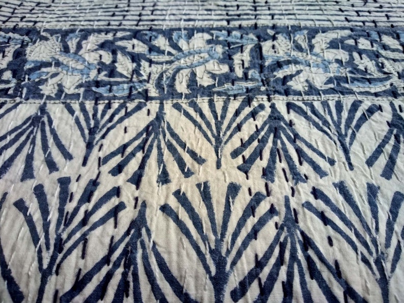 Handmade Kantha Coverlet Indian Kantha Quilt Twin Size Kantha Bedcover Hand Block Printed Kantha Bedspread Cotton Kantha Blanket